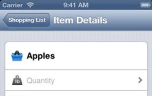 Tapping the disclosure button on a shopping list item shows the details of such item. One can add quantity, notes, mark the item as bought or move it to another shopping list.