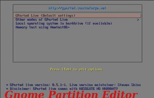 GParted Live boot menu.