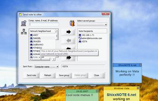 ShixxNOTE program Send note to others dialog.where user can select recipient(s) in kind of IP address, Computer name or email.