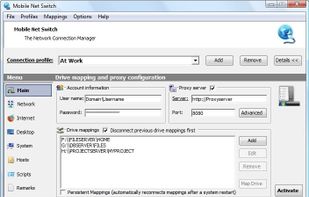 The Main program page; allows you to set Account Information, Drive Mapping and the Proxy Server  (Internet Explorer, Firefox and Google Chrome) for each profile