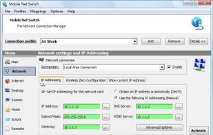 The Network page; Allows you to specify IP Addressing settings and advanced options like the Windows Firewall, DNS Suffix and what network adapter should be enabled and disabled