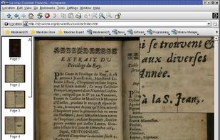 DjVu version of a 16th century book scanned at 300dpi. The magnifier in the upper right corner shows the document at the scanning resolution (one screen pixel per document pixel). The page occupies 33KB. The plug-in's integrated thumbnail feature is shown on the left.