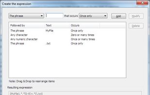 Regular expression wizard helps you build regular expressions for complex pattern matching searches: