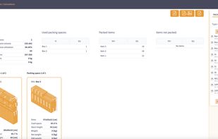 The packing result screen shows the optimized layout of your shipment — complete with box or container fill, item arrangement, weight distribution, and space utilization. 
