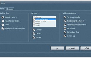 Accessing the General tab of the Options window, you can select the type of file deletion and the Internet browser to clean.