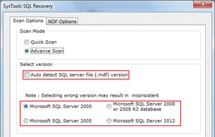 Select Quick or Advanced Scanning modes to repair database on the basis of their corruption level. The software also provides an option to auto detect the database file version automatically .
