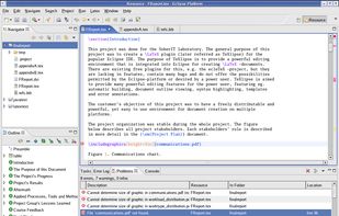This picture shows navigation from build errors to source file. Latex reports all kinds of warnings and errors, and not all of them contain a line number. However, there usually is also a valid error message with line number information.