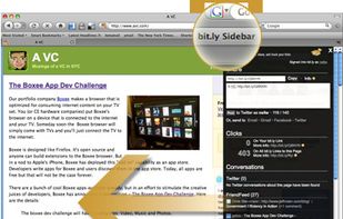 The Sidebar Bookmarklet slides out to shorten your long link, then shows Traffic, Conversations, and History.