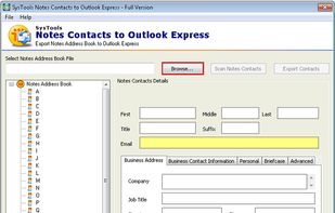 First Screen of Notes Contacts to Outlook Express