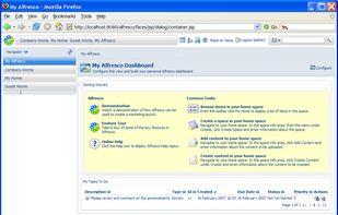 The My Alfresco Dashboard provides a familiar welcome screen for users