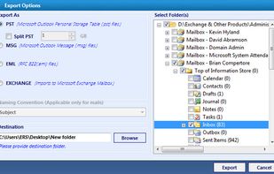 SysTools Exchange recovery software allows users to export the recovered mailbox data into PST, MSG and EML File format or helps to directly import the data into Live Exchange Sever.