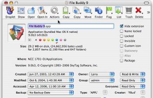 File Buddy’s Info window provides extensive information about files and folders. Modify various attributes and use the toolbar options to perform a wide variety of tasks on the current item.