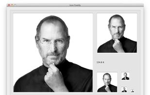 File Buddy can display all available sizes of an item’s icon. Pictured above is File Buddy’s icon family viewer displaying a set of icons created from a picture of Apple cofounder Steve Jobs using File Buddy’s Info window.