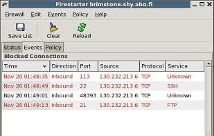 The Firestarter events interface shows intrusion attempts as they occur in real time.By right-clicking on the event entry and selecting an action, you can control how the firewall will treat a similar connection the next time it sees one. 