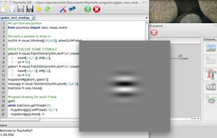 stimulus presentation (front), builder view (background) and code view (middle) 