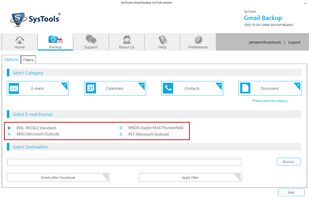 Select email category and email formats to save backed up data