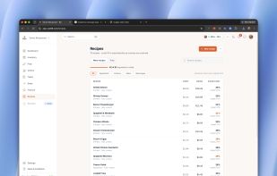 Recipe costing with live margin per dish, updated from scanned invoices