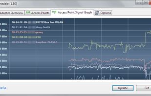 You can also monitor the signal strength of selected access points in a graph over the time. With a right mouse click, you can start logging to a text file and create a screenshot.