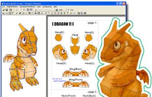 A screenshot of Pepakura Designer and an assembled dragon papercraft.
