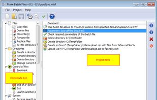 Main program window, available commands tree on the left, project items on the right