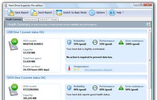 Health Summary page contains the the most important information about the current condition of hard disks.