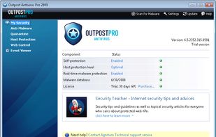 View of the main window of Outpost Antivirus Pro, the program’s command and control facility.
