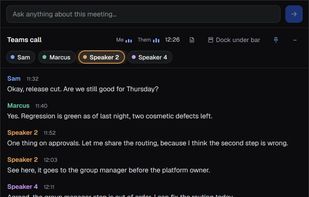Live transcript with speaker names, no bot in the call: The Live window during a Teams or Zoom call: a chip per speaker, and one click to name each voice. A9 Voice records from your PC, so nothing joins the meeting.