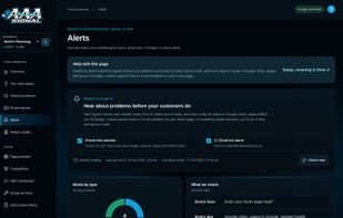 Website alerts: hourly up-checks and daily Google checks with email