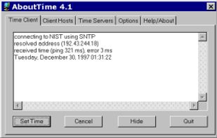 Here is a typical client session. In this example, AboutTime reports a 3 millisecond difference between the local computer's clock and the network time server.