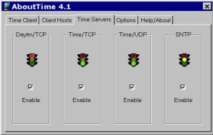 Here is AboutTime's own four-server "traffic" display. It shows that one of the server protocols is unavailable (red), and another is responding to a request (yellow).
