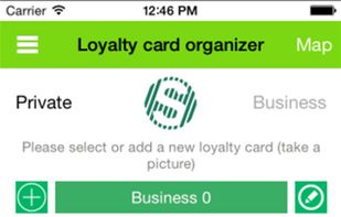 The loyalty card organizer displays one card. Push the card to zoom to fullscreen modus, swipe left and right to scroll through your other loyalty cards or choose them from the green bar menu.