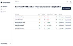  Dashboard: every client site with its score, failures and what changed since the last scan