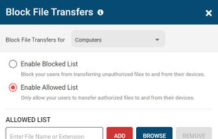 Block file transfers to portable storage devices. Block lists can be defined by file extension or file name.