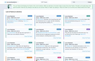 The Last Tweets Grid displays the Tweets in the current selection. While you drill down in the data it helps to look at the actual Tweets. The label on the right shows what type the specific Tweet has. By clicking on the date you can visit the Tweet on Twitter. By clicking on "Show Full Tweet" you can look at the Twitter-Embed of the Tweet.