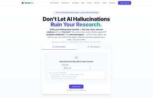 AccuraCite's homepage — paste a citation and verify it against 7 academic databases in seconds, no setup required.