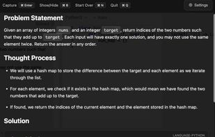 The generated solution for a coding problem, with step-by-step walkthrough of the solution.