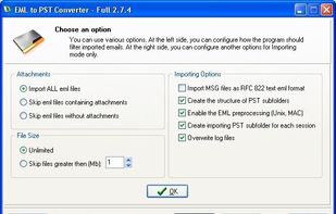 Options of muti-format email converter. Import emails into Outlook ant filter them.