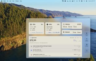 The Agent Actvt panel on the desktop, listing recent agent sessions with their status and cost alongside the live system cards.