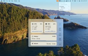 The menu bar item open on a Mac, with live CPU and thermal state, and the CPU, GPU, memory and network cards below it.