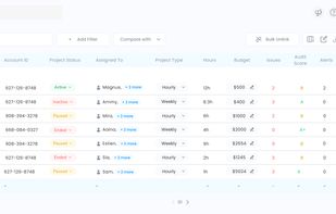 Client & Account Management Dashboard
Manage your entire book of accounts from one view: project status, assigned team members, hours, budget, open issues, letter-grade audit scores (A+ to C), active alerts, tasks, and client priority category. Built for agencies and teams juggling multiple clients who need workload and account health in a single place.