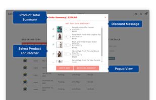 App allows the popup view with Product Total Summary, Discount Message & Checkbox to select product for reorder