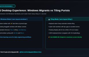  Dual Desktop Engine: 1-click instant toggle between familiar floating Windows layout and Wayland/Sway cyber-tiling layout.
