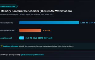  312MB Cold-Boot Idle RAM Benchmark on AMD Ryzen 5600H compared to standard Linux distributions and Windows 11.