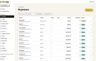 Partners: every affiliate, what they have earned, and their status