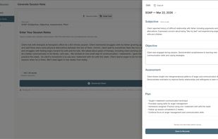 Enter key session details using text. AfterSession transforms brief summaries into structured therapy notes with minimal effort.