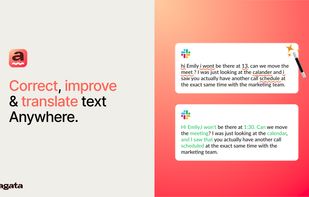 Core capability overview demonstrating inline text correction, style refinement, and translation using a before-and-after chat example in Slack.