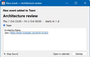 Alert shown when a sync brings in a meeting that wasn't in the calendar before, such as a new invitation.