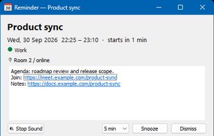Reminder popup that stays on top of other windows, with clickable meeting links, Stop Sound, Snooze and Dismiss.