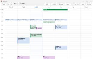 Week view: events from all calendars in one colour-coded grid, with all-day events on top and a line showing the current time.