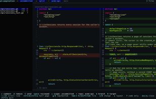 Whole-file diff review with line comments sent back to the agent